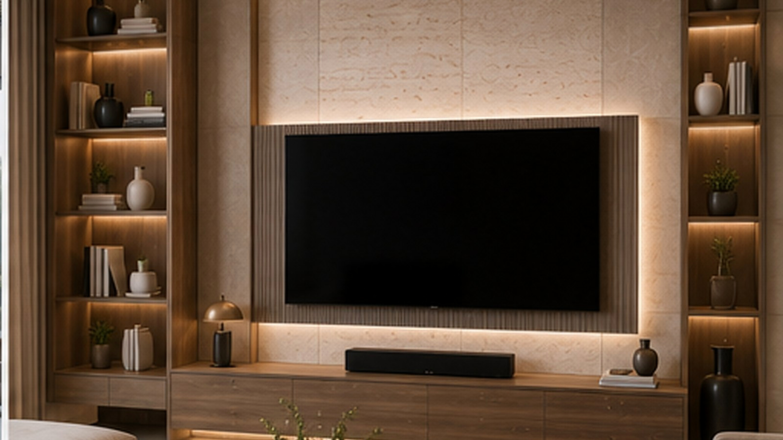 Mur TV architectural en pierre claire et bois